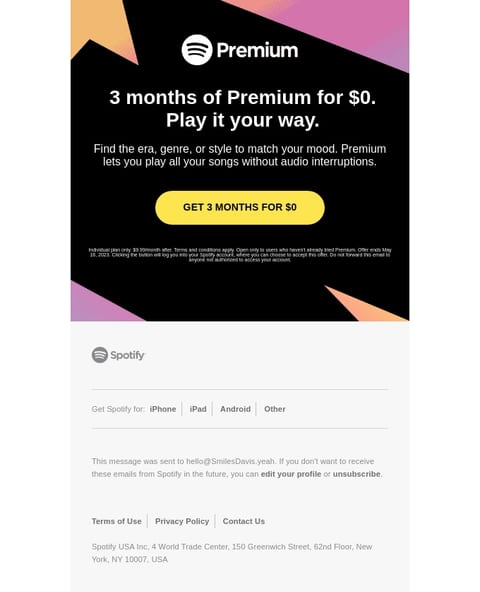Brand awareness CTA email example Spotify Premium