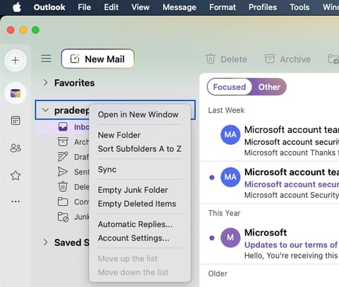 Creating a new folder in Outlook