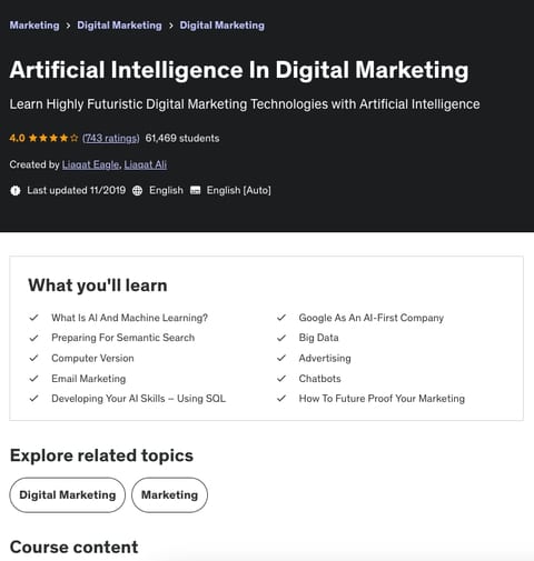 Udemy Artificial Intelligence In Digital Marketing course