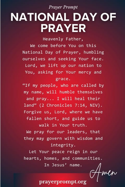 Example of prayer prompt for national prayer day - May newletters