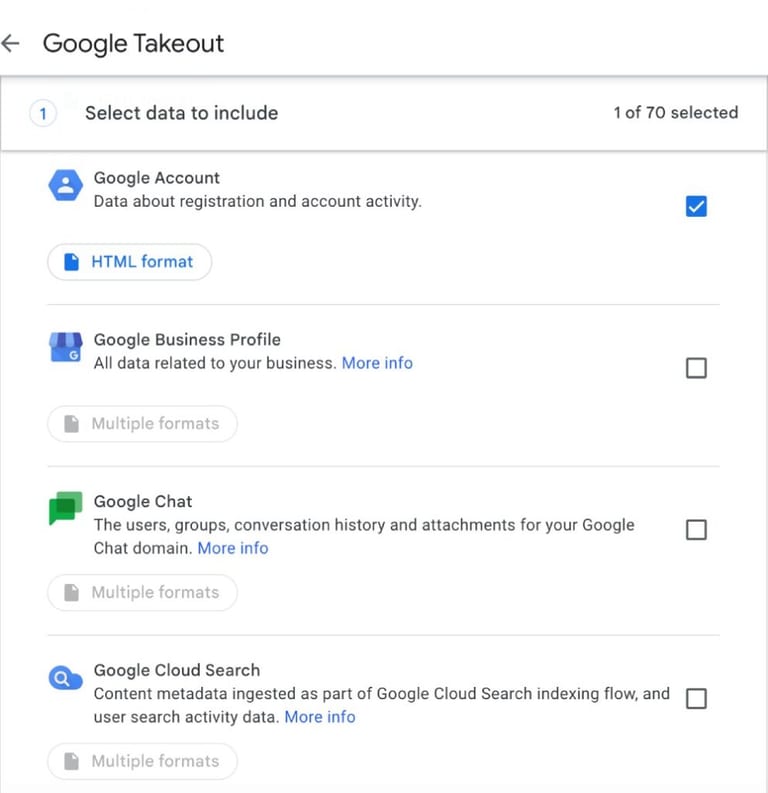 Backup options in Google Takeout