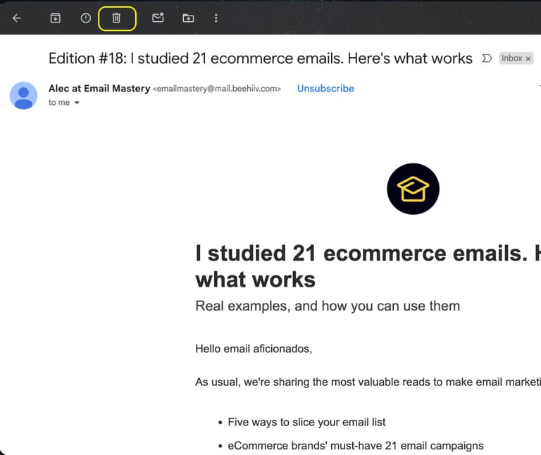 Delete option in Gmail