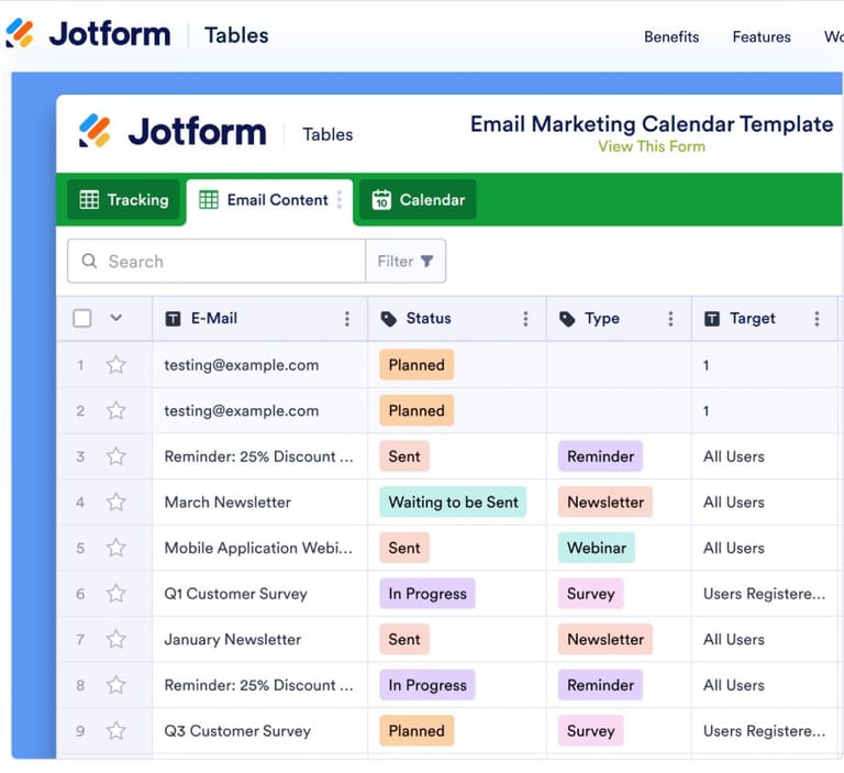 Email content calendar template - Jot form