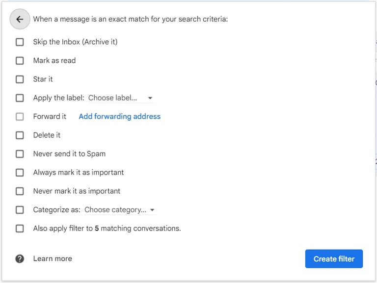 List of Gmail’s possible actions for when an incoming email meets a filter criteria, for better email security best practices