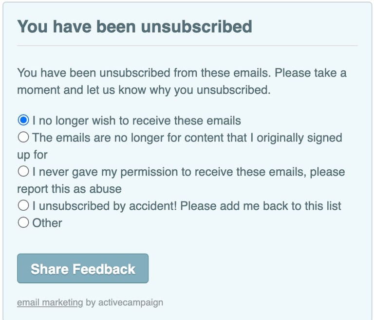 Unsubscribe reason example