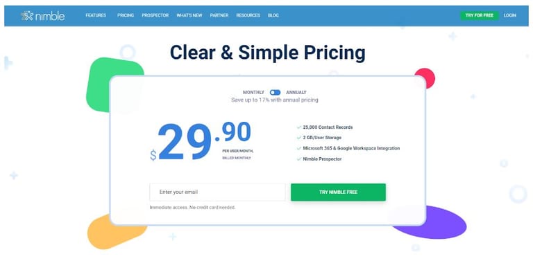 Nimble’s pricing page.