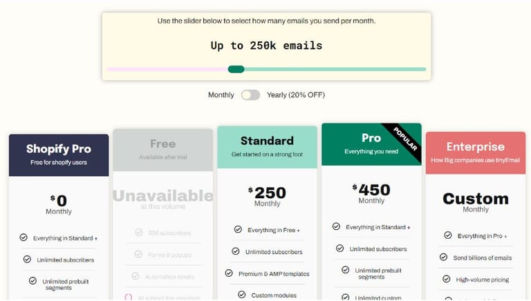 tinyEmail pricing for sending 250,000 emails per month