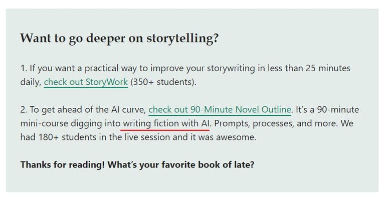 An email CTA that uses the keyword “writing fiction with AI”