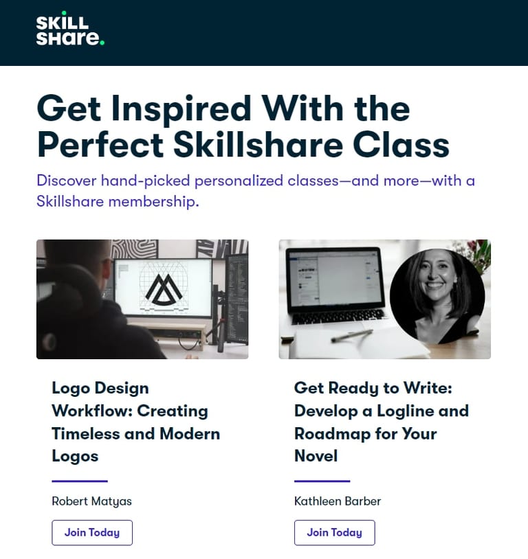 Skillshare direct email with personalized content to promote their membership