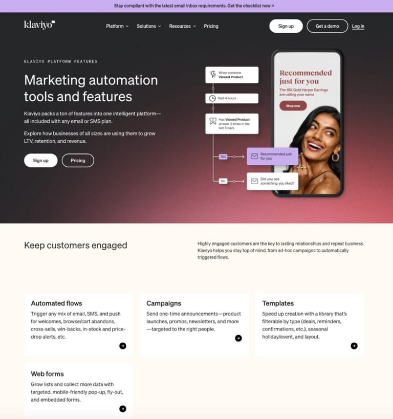 Klaviyo unique features page