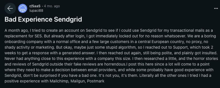 SendGrid Reddit Review of Poor Customer Care