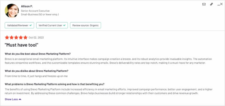 Sendinblue Brevo Positive user review