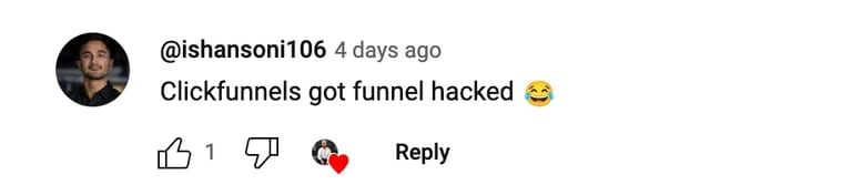 A YouTube comment on a video about the ClickFunnels vs GoHighLevel Lawsuit