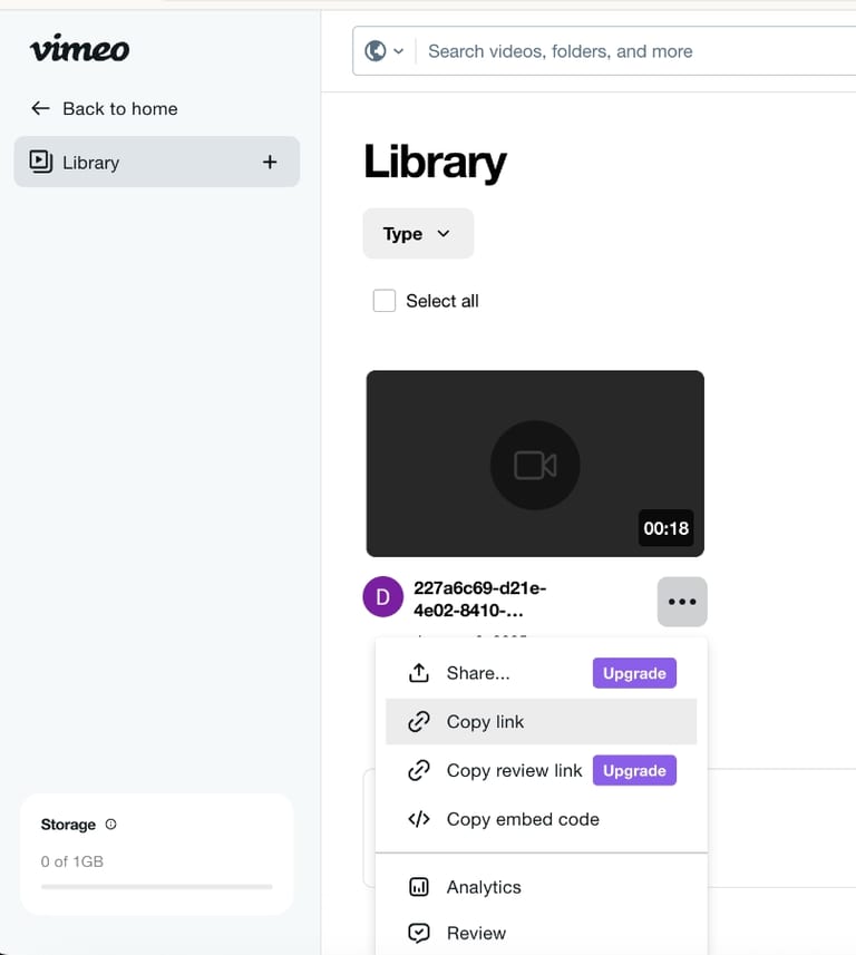 Vimeo video upload step