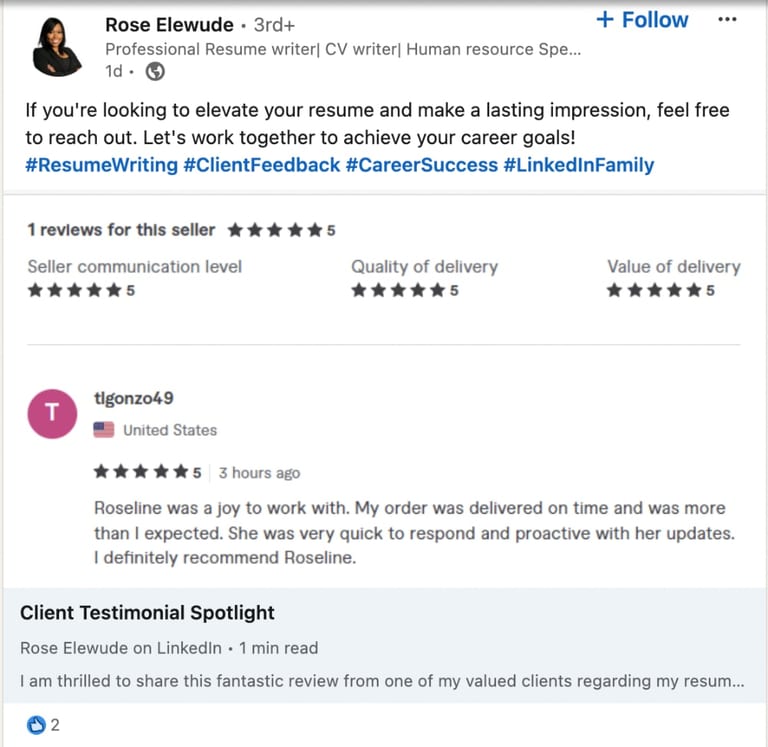 individual testimonial example on Linkedin