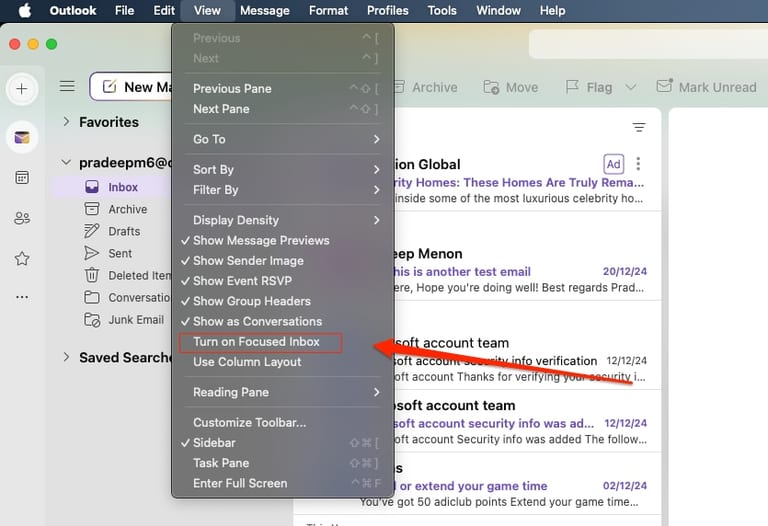 Focused inbox on Outlook
