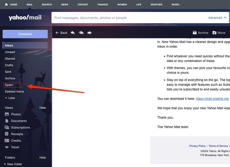 Spam folder on Yahoo
