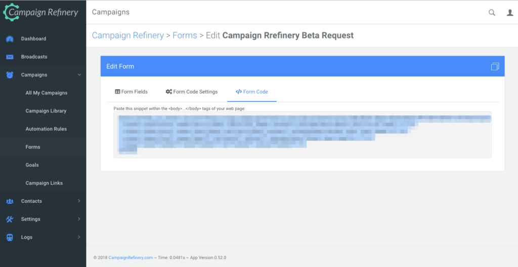 Raw HTML form code for Campaign Refinery