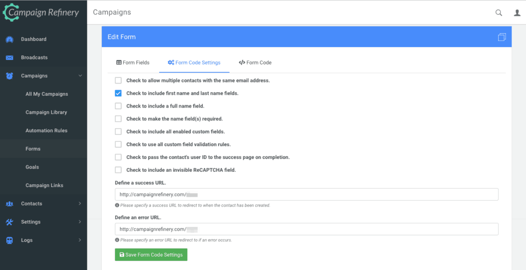 Form settings for Campaign Refinery
