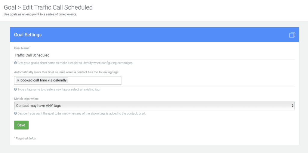 Campaign goal settings with tags