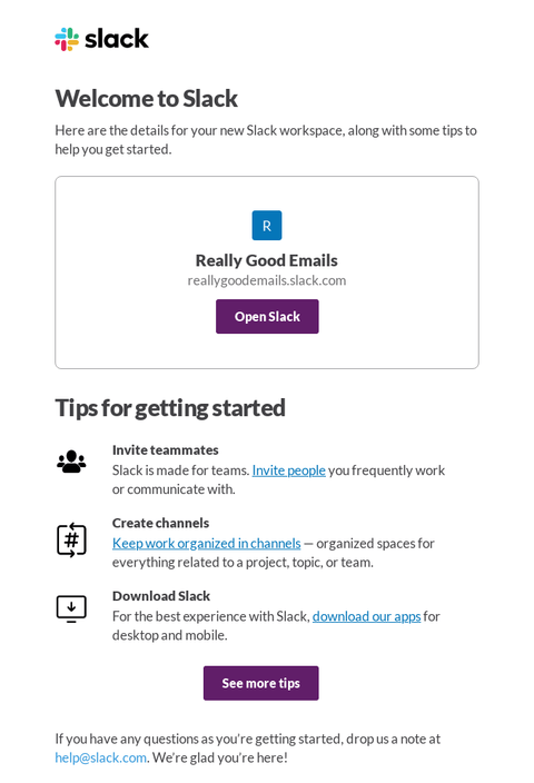 Slack welcome email