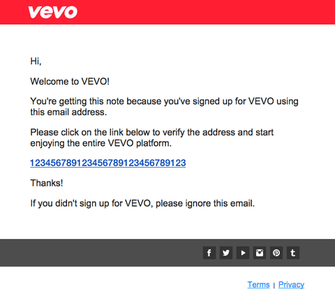 Vevo confirmation email