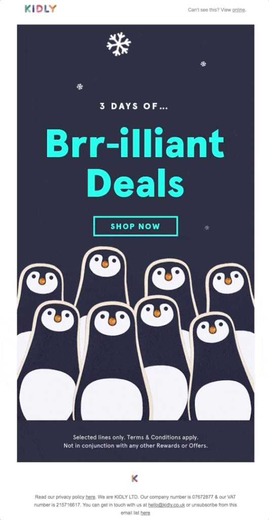 Kidly Black Friday email uses gif penguins